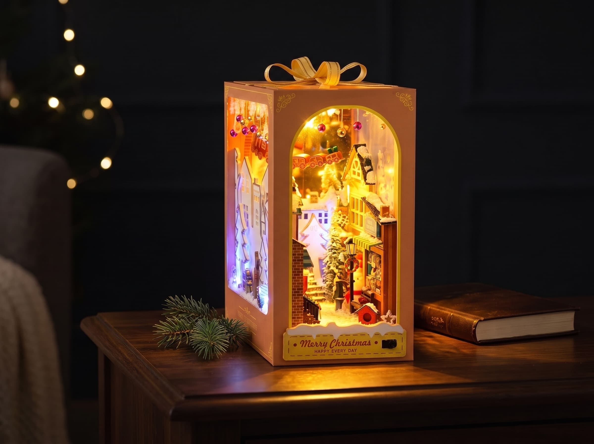 The same book nook glowing warmly, light on