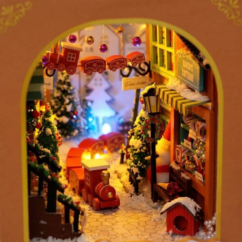 Santa's Cottage shopfront and snowy street inside the nook, up close