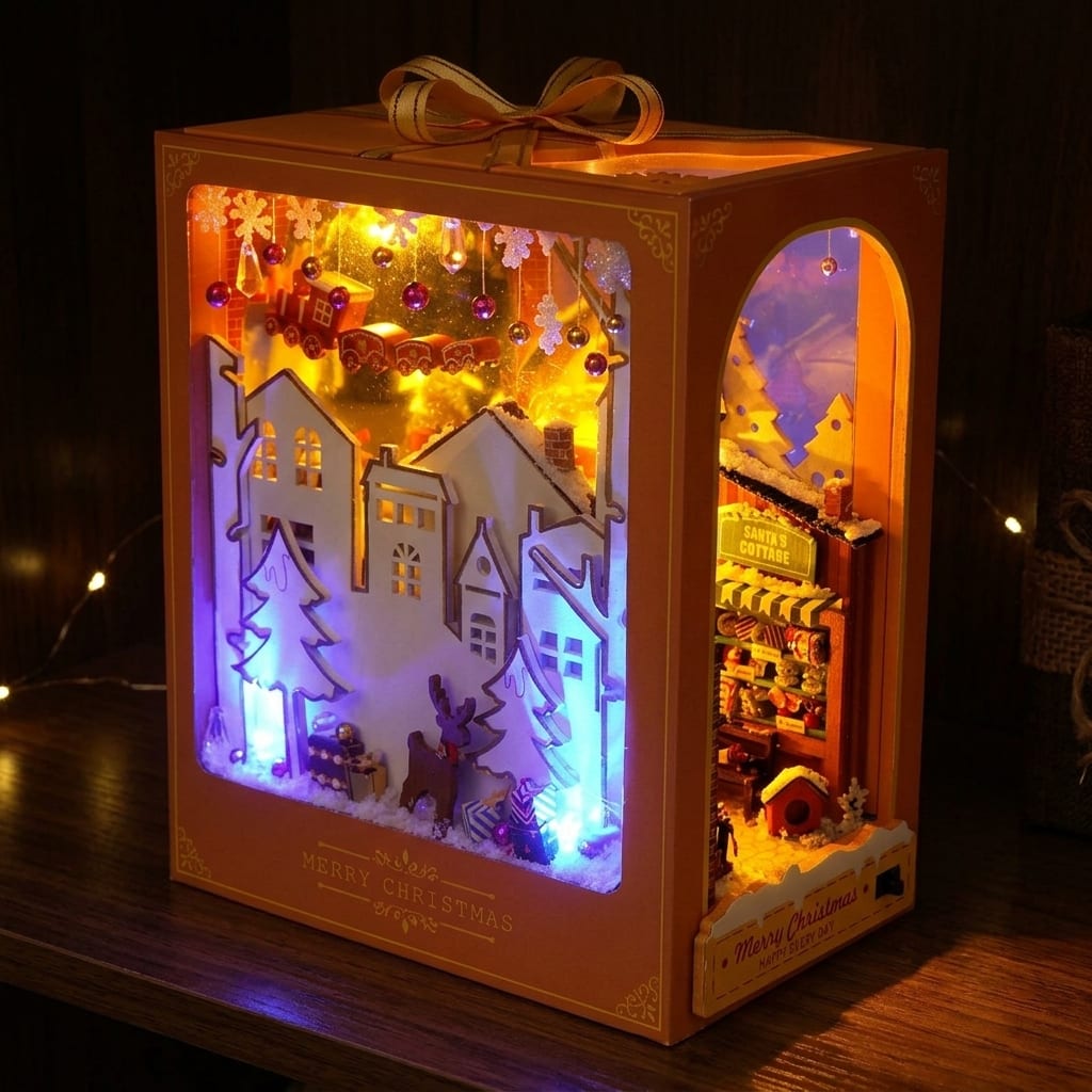 The Christmas Village book nook glowing in a dark room