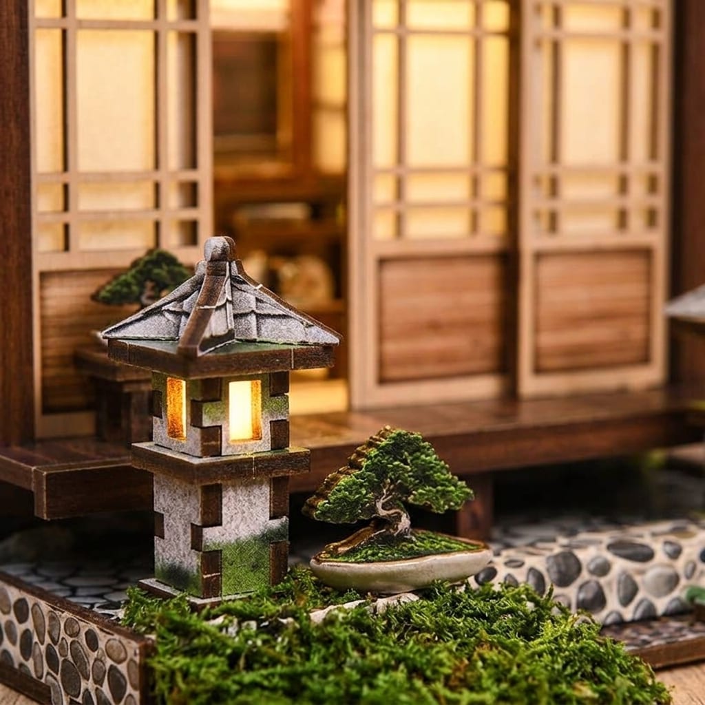 Moss, stones and the little lantern inside the veranda, up close