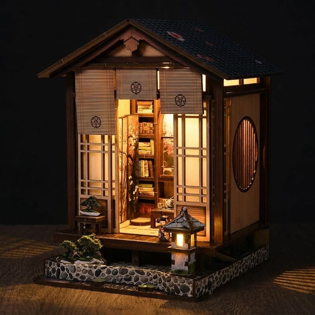The Moss Garden Veranda lit up in a dark room, lantern glowing